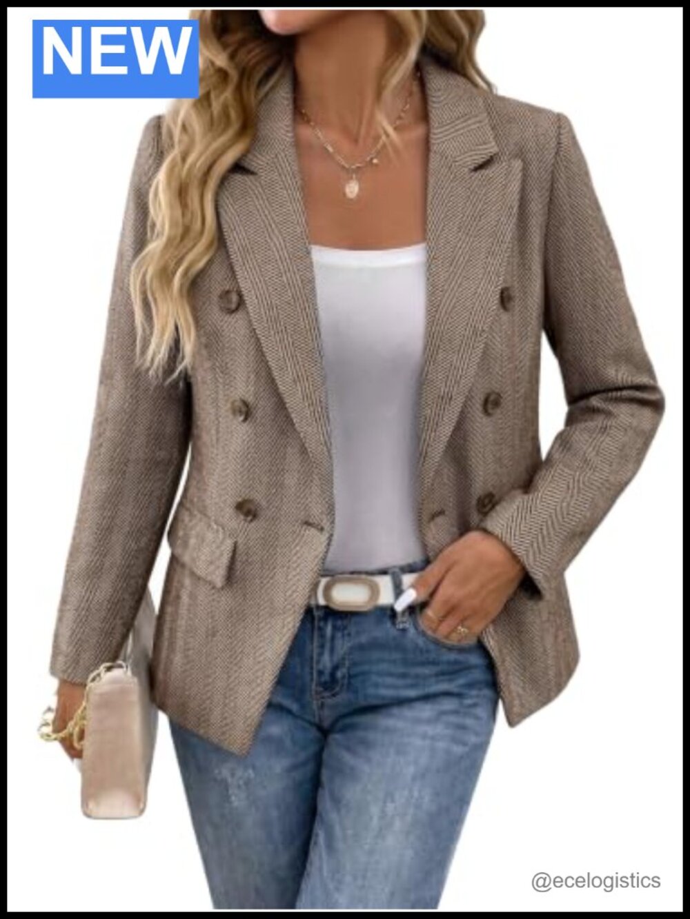 Women's Tweed Plaid Double-Breasted Blazer - Work Business Casual